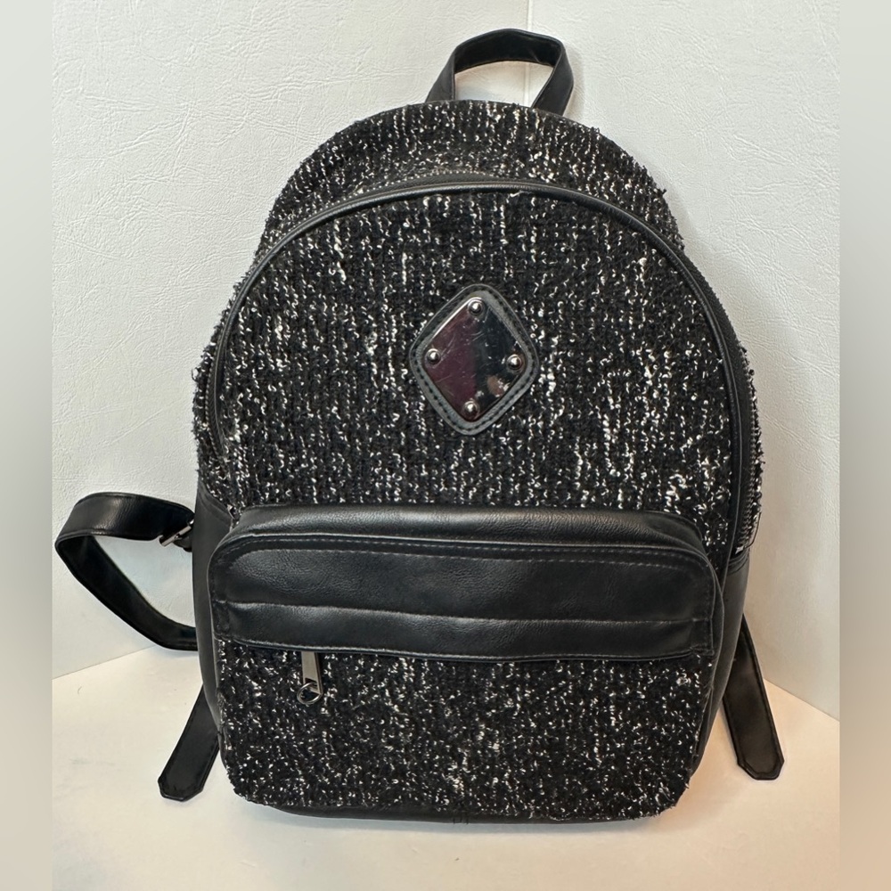 Claire’s Black Woven Faux Leather and Fabric Backpack With Silver Hardware